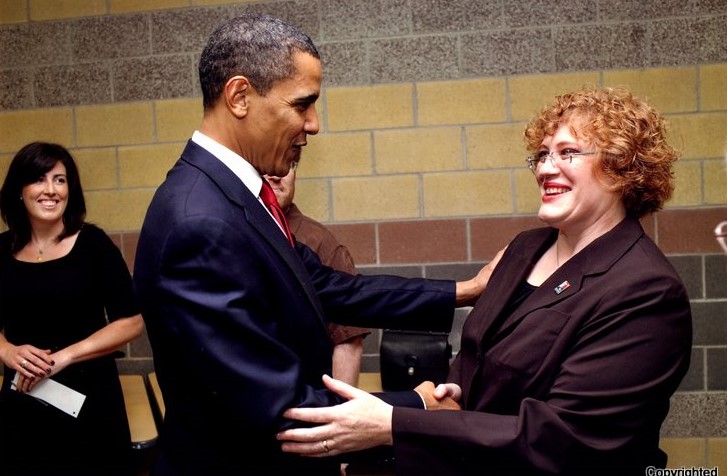 March 19h, 2009 President Obama speaks at a town hall in Los Angeles.  Clutch held after Townhall, Barack Obama and Laura Velkei (Official White House Photo by Peter Souza)